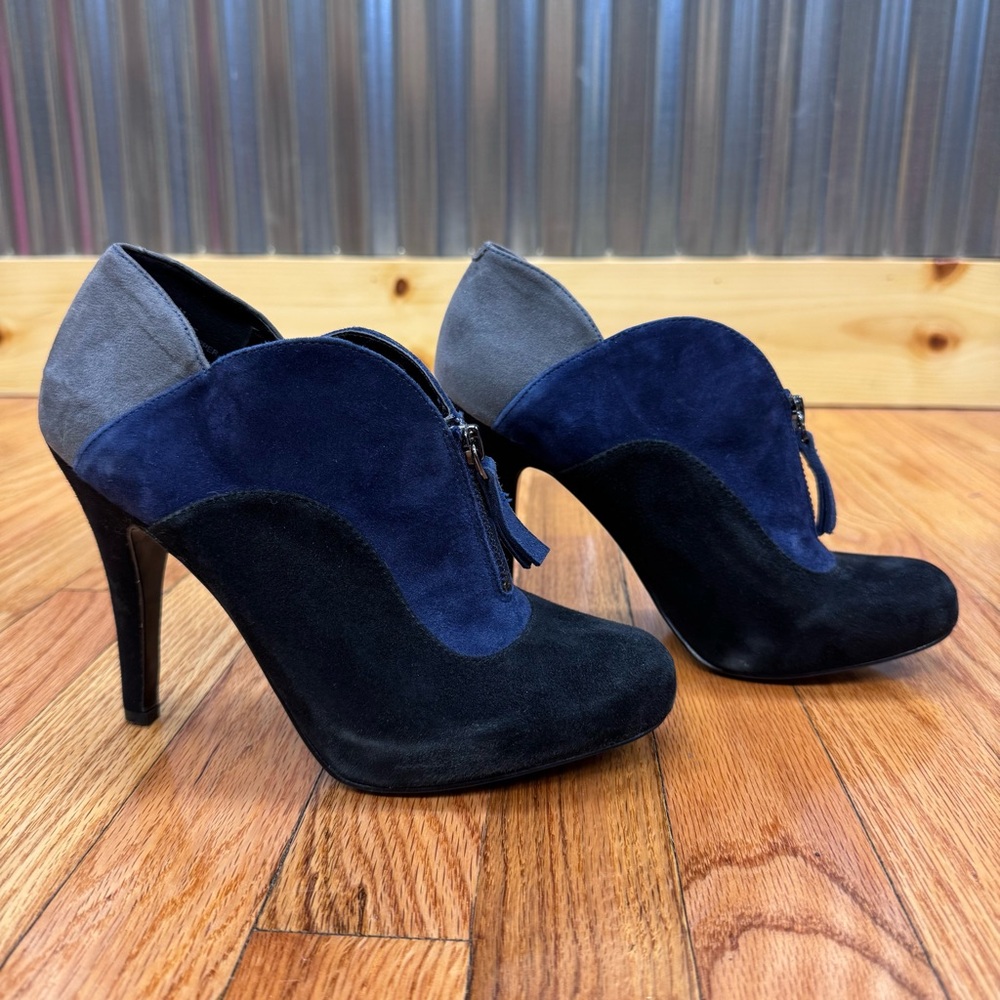 Nine West Women's Black/Blue/Grey Suede Heeled Ankle Boots Colorblock